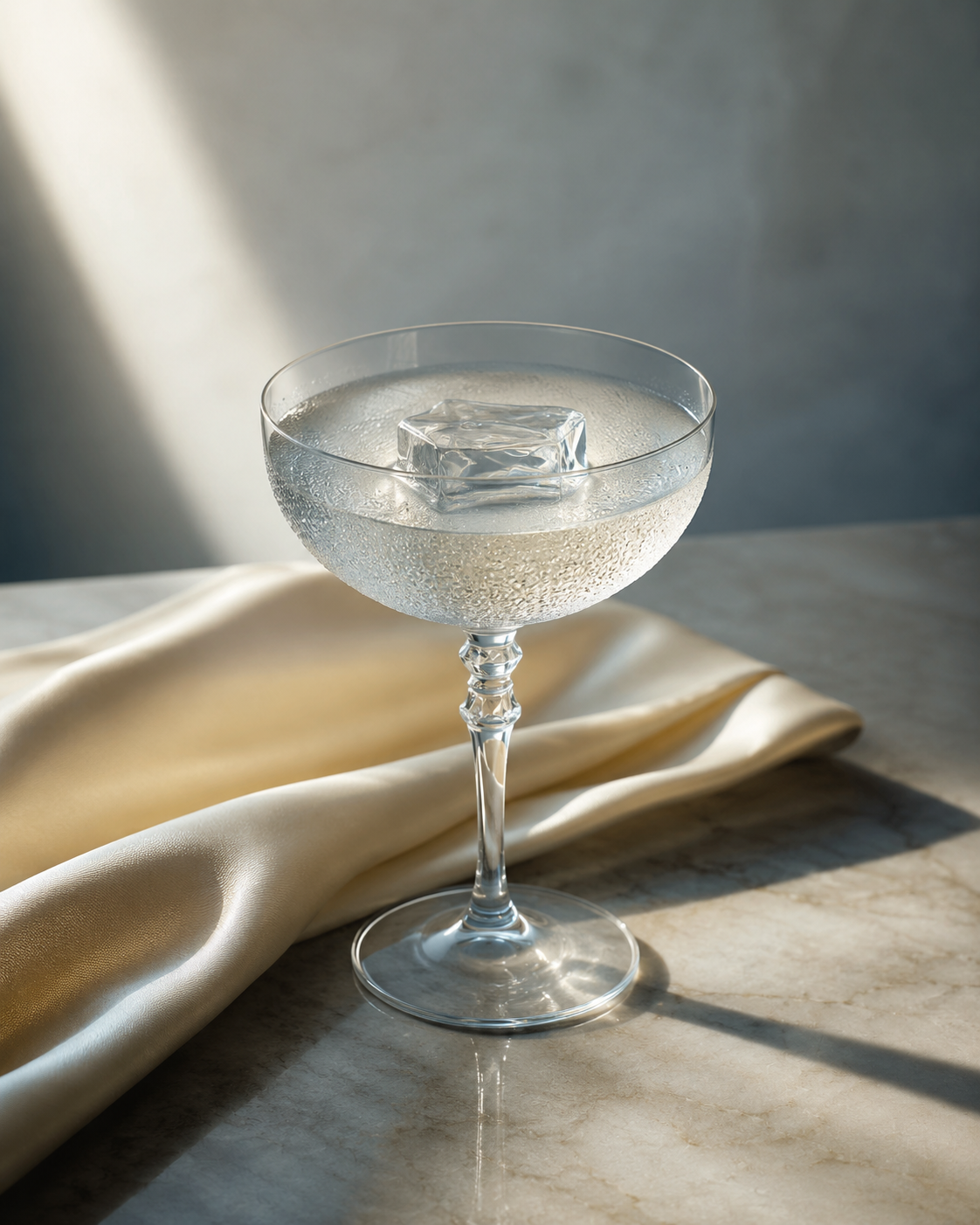 A clear, chilled cocktail in a crystal coupe with a single cube of ice, resting on silk and stone.