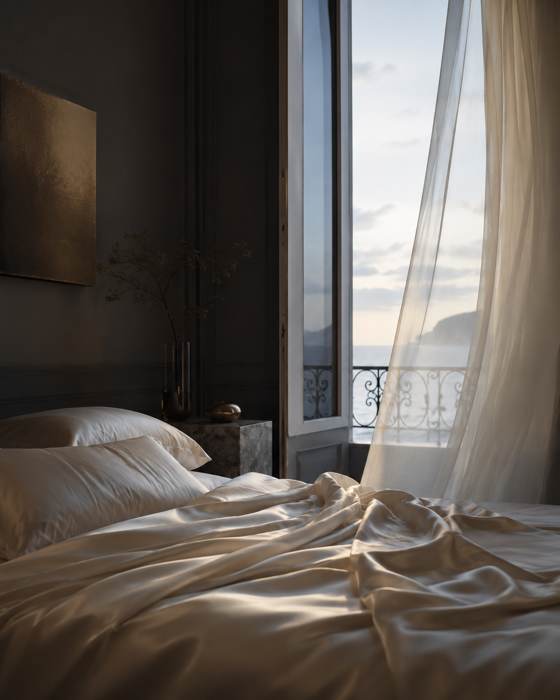 A sheer curtain drawn across a tall stone archway, daylight and sea beyond.