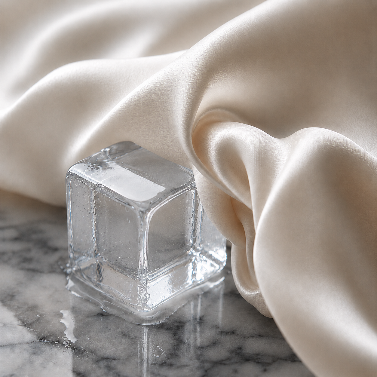 Champagne silk folded around a clear cube of ice resting on pale marble.